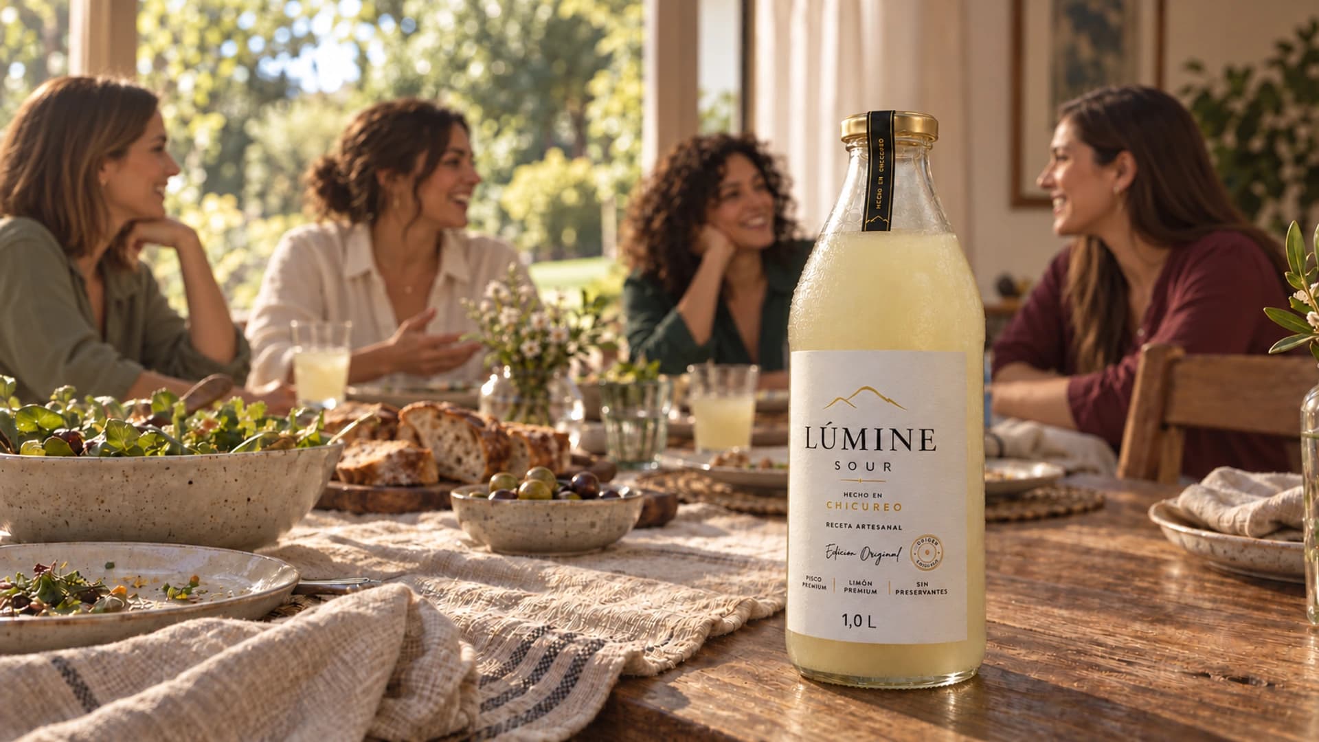 Botella de Lúmine Sour en un almuerzo entre amigas, con pan, ensalada y aceitunas