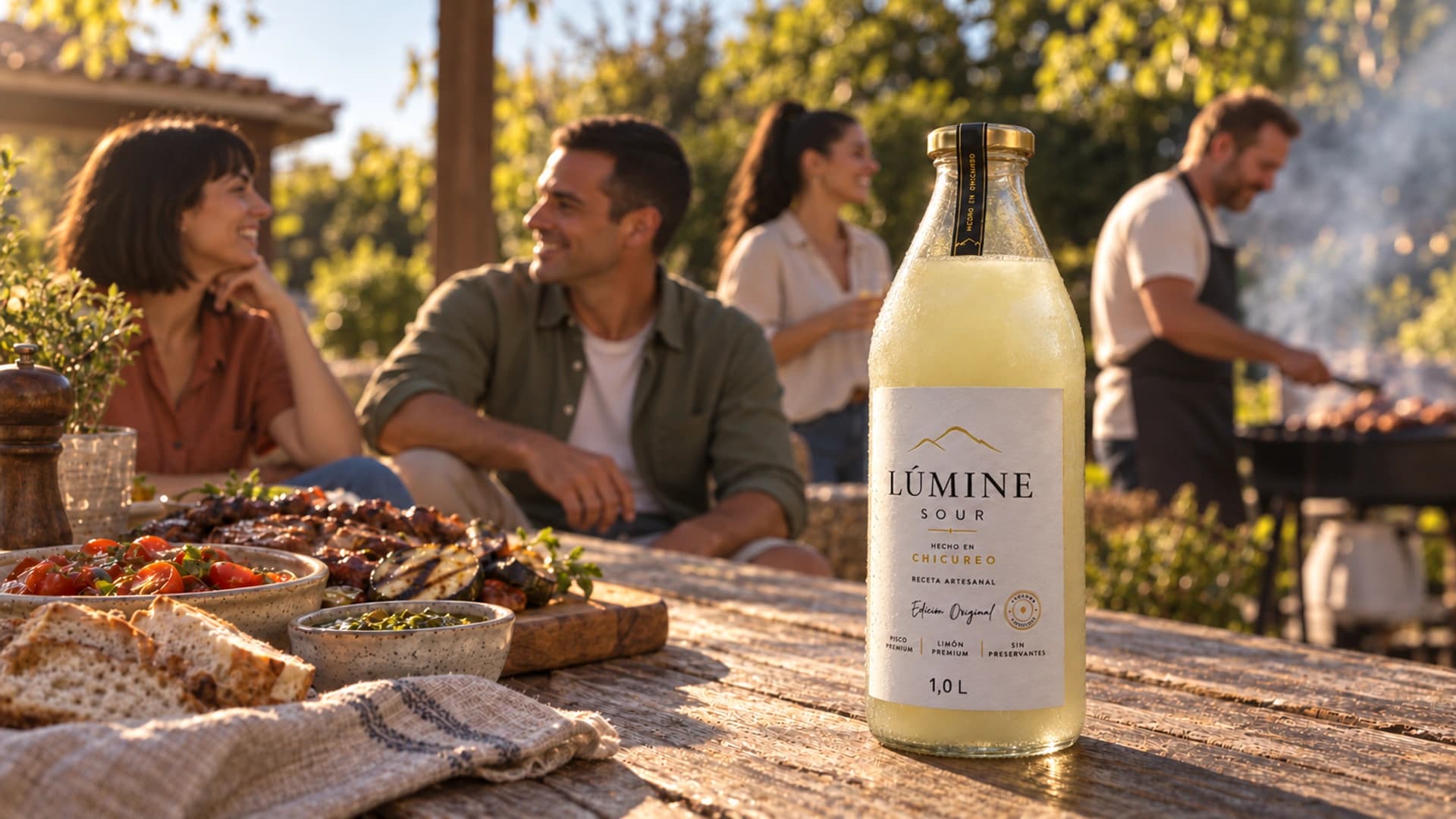 Botella de Lúmine Sour en una mesa al aire libre durante un asado con amigos